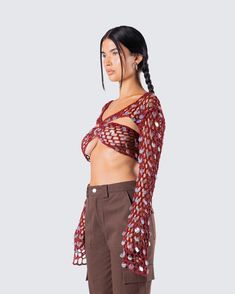 Shine and sparkle under that sunlight in this maroon crochet top 🌅 Made from sweater knit fabric, complete with sequin yarns, and long sleeves - this statement piece will have all eyes on you 🌟 Long Sleeve Crochet Top For Summer Parties, Red Long Sleeve Open Knit Tops, Long Sleeve Crochet Top For Festivals, Long Sleeve Open Knit Sweater For Festival, Long Sleeve Knit Top For Festival, Open Knit Party Top, Long Sleeve Open Knit Crochet Top For Festivals, Stretch Crochet Top For Party, Knit Long Sleeve Tops For Festival