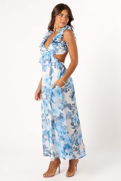 Lucah Frill Shoulder Maxi Dress - Blue White Floral - Petal & Pup USA Cheap Blue Floral Print Sleeveless Dress, Cheap Light Blue Floral Maxi Dress, Blue And White Dress Nordstrom, Trendy Prom Dresses Fitted, Cheap Blue Maxi Dress For Garden Party, Affordable Blue Floral Dress For The Beach, Cheap Blue Floral Dress For The Beach, Cheap White Floral Dress For Garden Party, Different Blue Bridesmaids Dresses On The Beach