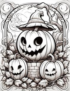 halloween pumpkins with jack - o'- lantern faces and leaves around them in an ornate frame