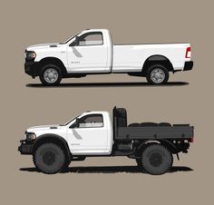 two white trucks side by side on a gray background, one is black and the other is white