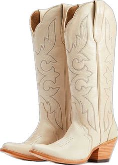 Cream Western Boots For Fall, White Country Boots For Ranch, White Country Style Boots For Ranch, White Country Boots With Snip Toe, White Snip Toe Country Boots, Beige Leather Boots For Ranch, Cream Snip Toe Boots For Ranch, Western Style Embroidered Boots, Western Beige Boots With Almond Toe