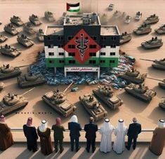 a group of people standing in front of tanks and buildings with the flag of iraq on it