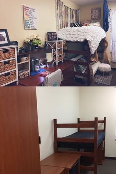 two pictures side by side one has a bed and the other has a desk with drawers