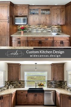 the kitchen cabinets are made from wood and have granite counter tops, with an island style sink