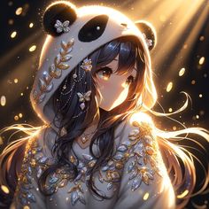 a girl in a white dress with a panda bear on her head and gold leaves around her neck