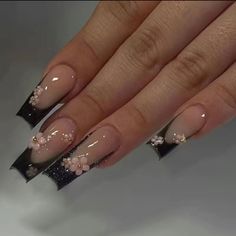 Black Glitter French Tip Fake Nails, 3d Cute Flower Press On Nails With Design, Glossy Full Cover Long Coffin Ballet False Nails For All Bling Bday Nails, Black Bling Nails, Ombre Acrylic, Nails Inspired, Nagellack Trends, Style Nails, Baddie Nails, Nagel Tips, Grunge Nails