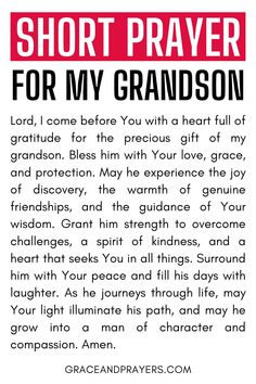 a poem written in red and black with the words, short prayer for my grandson