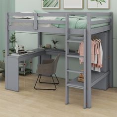 a loft bed with desk underneath it in a room that has hardwood floors and green walls