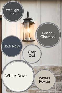 the names of different types of paint colors on a house's front door, including gray and white