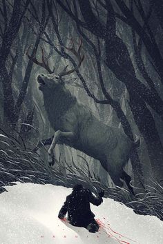 a man riding skis down a snow covered slope next to a deer in the woods