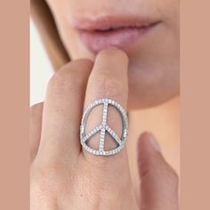 Sheryl Lowe peace ring  Approx. 24mm x 21mm Polished sterling silver Pavé white diamonds Diamond total carat weight: 0.95 Imported Peace Sign Ring, Peace Ring, Pave Diamond Ring, Circle Diamond, Peace Sign, White Diamonds, Silver Diamonds, Pave Diamonds, Diamond White