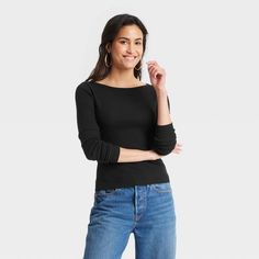 Women's Long Sleeve Boat Neck T-Shirt - Universal Thread™ Black M Comfy Fashion, Ribbed Neckline, Boat Neckline, Universal Thread, Casual Wardrobe, Boat Neck, Same Day Delivery, Women Long Sleeve, Shirt Shop