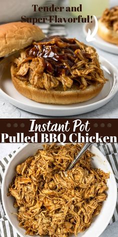 pulled bbq chicken in a white bowl with barbecue sauce on top and an instant pot pulled bbq chicken