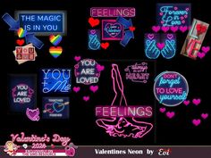 valentine's neon signs and stickers are displayed on a black background with the words you are in love