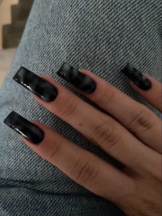 nail inspo #basic #nails #simple #squarenails #1 #fallnails #aesthetic French Tip With Solid Nail, Aesthetic Black French Tip Nails, Nail Ideas Square Black, Acrylic Nail Plain Color, Small Black Nail Design, Black Chrome Square Nails, Black Cool Nails, White Edgy Nails, Simple Nail Square