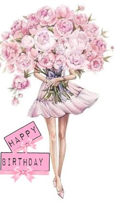 a drawing of a woman holding a bouquet of flowers with the words happy birthday on it