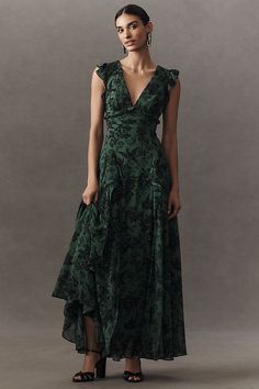 Make a statement in this dress by BHLDN, with its figure-enhancing bodice with a plunging V-neckline, flowing chiffon fabric, and voluminous bustle details. | Asha Flutter-Sleeve V-Neck Chiffon Maxi Dress by BHLDN in Green, Women's, Size: 4, Polyester/Chiffon at Anthropologie Short Sleeve Maxi Dress, Green Fits, Bridal Event, Short Sleeve Maxi Dresses, Maxi Dress Formal, Chiffon Maxi, Sleeve Maxi Dress, Chiffon Maxi Dress, Maxi Dress Green