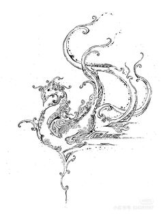 a drawing of a bird with swirls on it's wings and tail, in black ink