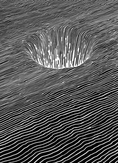 an abstract black and white image with wavy lines in the middle, as if it were floating on water