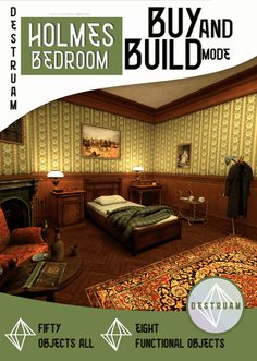 an advertisement for a bed room with furniture and rugs