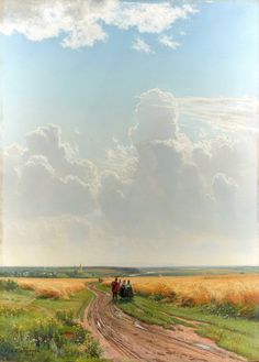 an oil painting of people walking down a dirt road in the middle of a field