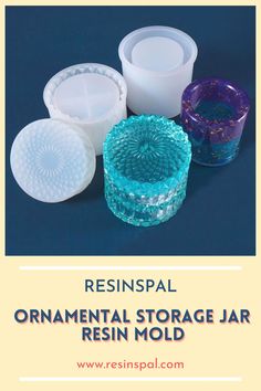 three plastic containers with lids and the words resinsal ornamenal storage jar resin mold