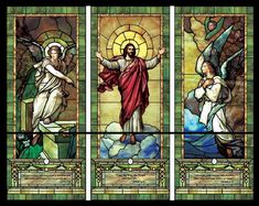 three stained glass windows depicting jesus and angels