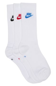 These crew socks are made from soft, stretchy fabric that molds to your foot for all-day comfort. Pack of three assorted pairs Polyester/spandex Machine wash, tumble dry Imported White Comfortable Moisture-wicking Socks, Comfortable Moisture-wicking White Socks, Comfortable White Moisture-wicking Socks, Casual Moisture-wicking Stretch Socks, White Moisture-wicking Socks, Nike White Sports Socks, Nike Breathable Functional Socks, Comfortable Nike Sports Socks, Nike Sporty Socks For Sports