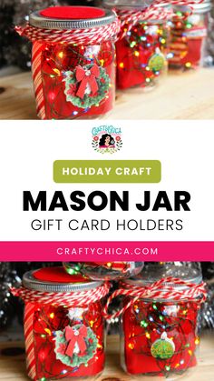 mason jar gift card holder with candy canes and christmas lights on it, in front of