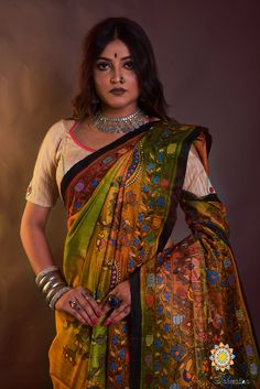 This Indian ethnic sari is an exquisite combination of hand acid painting creating a soothing Mix colour Dye with AN UNIQUE DESIGN Madhubani painting, where Madhubani art is presented on Border and Pallu. Madhubani painting is done with help of nib pens, twigs, by using Fabric colours and pigments. Madhubani art was created centuries ago by women of Mithila region of the Indian subcontinent. Earlier it was done on fresh mud walls but now it is also done on cloth, handmade paper and canvas. his e Artistic Multicolor Tussar Silk Saree, Bohemian Tussar Silk Saree For Festivals, Artistic Tussar Silk Saree For Festivals, Artistic Multicolor Saree With Cutdana, Artistic Saree With Motifs For Navratri, Artistic Unstitched Chanderi Saree, Artistic Handloom Chanderi Traditional Wear, Artistic Chanderi Traditional Wear Handloom, Artistic Chanderi Handloom Traditional Wear