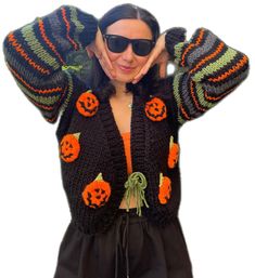 Handmade Black Sweater For Fall, Black Hand Knitted Sweater For Fall, Hand Knitted Black Sweater For Fall, Handmade One Size Fall Cardigan, Handmade Black Cardigan For Fall, Handmade Black Fall Cardigan, Halloween Cardigan, Pumpkin Gift, Patchwork Cardigan