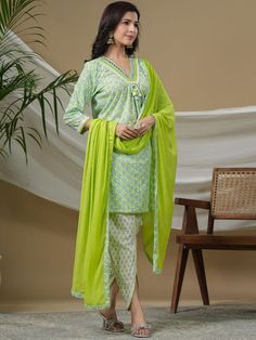 Party Wear, Summer Green, White and Off White color Cotton fabric Salwar Kameez : 1889464