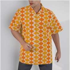 Retro Shirt Men, Retro Top, Mid Century Style Top, 60s 70s style shirt, Vintage Style Top, Yellow Orange Shirt, Hawaiian Shirt, Dress Shirt Designed in California, Made to order overseas This mod 60s inspired men's Hawaiian shirt features a striking orange and yellow wavy pattern print, inspired by the bold designs of the vintage 60s and 70s. Made from high-quality wrinkle-resistant polyester fabric, this shirt is perfect for daily wear. With its short-sleeve design and classic collar, it's an i Vintage Summer Tops With Casual Collar, 70s Inspired Shirt With Retro Print For Summer, Summer Collared Shirt With Retro Print, Retro Orange Relaxed Fit Shirt, Orange Retro Style Relaxed Fit Shirt, 70s Inspired Retro Print Shirt For Summer, Orange Retro Relaxed Fit Shirt, Orange Relaxed Fit Retro Shirt, 70s Inspired Retro Print Summer Shirt