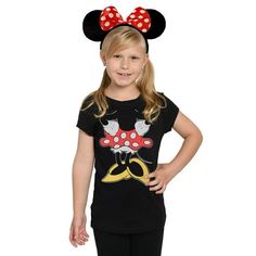 Get ready for Halloween and school dress up days with this Minnie Mouse T-Shirt and Minnie ears set! T-Shirt also has a detachable cape. This Minnie Mouse costumer set is perfect for special costume days and of course Halloween > Set Includes: (1) Girls Disney Minnie Mouse Costume T-Shirt with Detachable Cape & (1) Set of Minnie Mouse Ears. > Minnie Tee features graphic print of Minnie's iconic polka dot dress and yellow shoes on the front. Includes a red polka-dot detachable cape that attaches to shoulders with hook and loop attachments on t-shirt. > Included is a set of Minnie Mouse ears to complete the look. > 60% Cotton, 40% Polyester. > Officially Licensed Disney kids apparel. Size: S (6-7).  Color: Black. Detachable Cape, Toddler Girl Toys, Minnie Mouse Costume, Cape Costume, Mouse Costume, Girls Disney, Princess Dress Up, Dress Up Day, Queen Costume