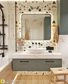 a bathroom with a sink, mirror and stool