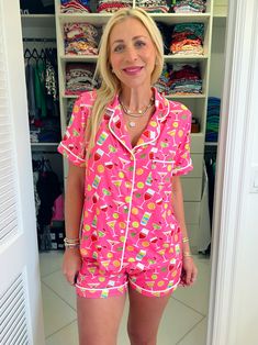 Get ready for some fun in our Cocktails & Dreams Pajama Set! They're bright and super soft in the cutest design! This set is just the cutest. It fits true to size! Made in our signature buttery soft fabric, this style features our adorable bow trim shorts and our short sleeve button top. Once you try our pajamas you won't want to wear anything else! These pajamas fit true to size. I am wearing a medium! Size Recommendations: S: 0-4, M: 6-8, L: 10-12, XL: 14-16, 2XL: 18-20 Hot Pink Shorts, Pajama Outfits, Best Pajamas, Cute Lazy Day Outfits, Lazy Day Outfits, Pajama Set Women, Pajama Shorts, Short Pajama Set, Outfit Set