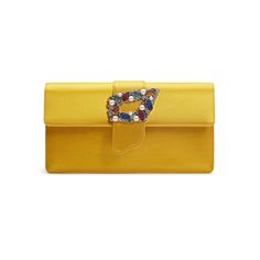 Yellow satin rectangular clutch bag featuring flap-over design and crystal tutti frutti buckle. Contains internal compartment and removable chain. Magnetic closure. Outer: 68% viscose, 32% silk. Lining : 68 viscose, 32% silk. Height : 12 cm Length: 24 cm Width : 6 cmMade in Italy Chic Silk Evening Bag, Designer Rectangular Clutch For Evening, Elegant Rectangular Clutch For Dinner, Designer Clutch Evening Bag For Gala, Chic Rectangular Clutch For Dinner, Luxury Rectangular Clutch For Cocktail, Chic Silk Bags For Formal Occasions, Chic Silk Bag For Events, Luxury Silk Bags For Formal Occasions