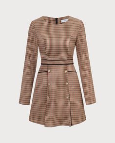 Details: - Brown - Work - Vintage - Plaid - Pleated - Button - Pockets - A-Line - Round Neck - Long Sleeves - Mini - Slim Fit - No Stretch - 97% Polyester, 3% Spandex - Machine wash or professional dry Fabric: This Plaid Mini Dress is made of Polyester and Spandex. Polyester is an artificial fiber that feels soft, looks lustrous, and dries fast. It's also durable, with good resistance to wrinkles, stains, and sunlight. Spandex is lightweight and comfortable to wear, resistant to sweat, has excel Dresses V Neck, Tailored Clothes, Neck Deep, Mini Dress White, Black Pantyhose, Lace Bodycon, Cute Boots, Vintage Plaid, Brown Dress