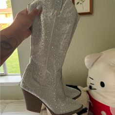 Windsor Sparkly Tall Boots Never Worn White Knee High Boots, Rhinestone Boots, Chunky Heeled Boots, White Leather Boots, Black Thigh High Boots, Peep Toe Boots, Black Thigh High, White Booties, Shoes Silver