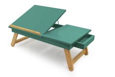 a small green table with a drawer on it's top and two wooden legs