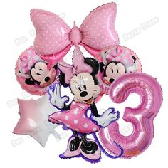 minnie mouse balloon bouquet with number 3 balloons