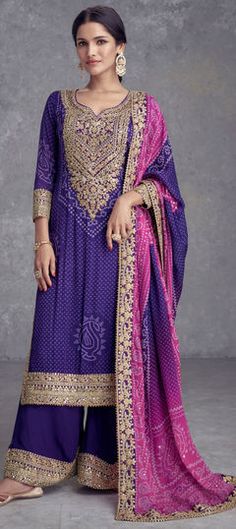 Blue color Salwar Kameez in Silk fabric with Bandhej, Digital Print, Embroidered, Mirror work Plazzo Suits, Designer Salwar Kameez, Palazzo Suit, Salwar Kamiz, Silk Bottoms, Ethnic Outfits, Salwar Kameez Designs, Pakistani Designers, Kurta With Pants