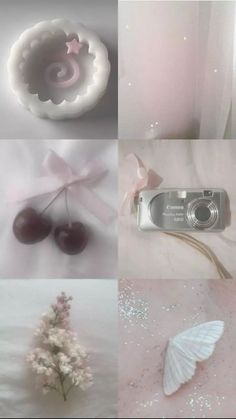 four different pictures with some flowers and a camera in it's left side, one has a pink ribbon on the other