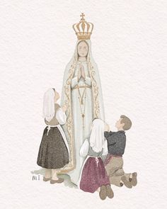 a watercolor painting of the queen and two children kneeling in front of a statue