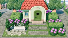 a painting of a small house in the middle of a garden with purple flowers around it