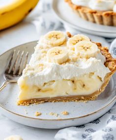 a slice of banana cream pie on a plate