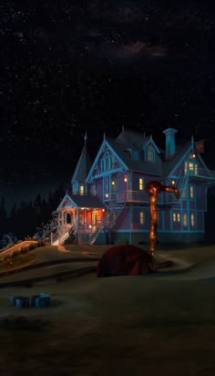 an animated house at night with christmas lights