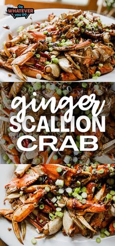 grilled shrimp and crab salad on a white plate with text overlay that reads ginger scallion crab