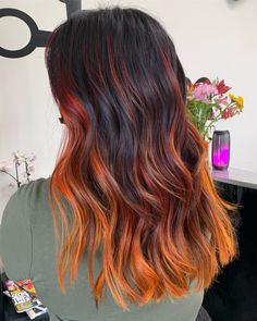 Pulpriot hair color Halloween Balayage, Orange Ends Hair, Black And Copper Balayage, Black Hair Orange Money Piece, Orange Money Piece Hair Brunette, Sunset Hair Underneath, Dark Brown Hair With Orange Money Piece, Brown Hair With Orange Money Piece, Orange Ends Of Hair