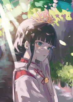 an anime character wearing a tiara with trees in the background